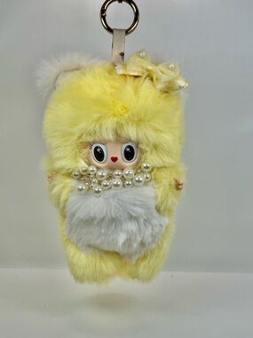 (23) Cute Yellow Faux Fur Doll Keychain Charm with Pearl Accent